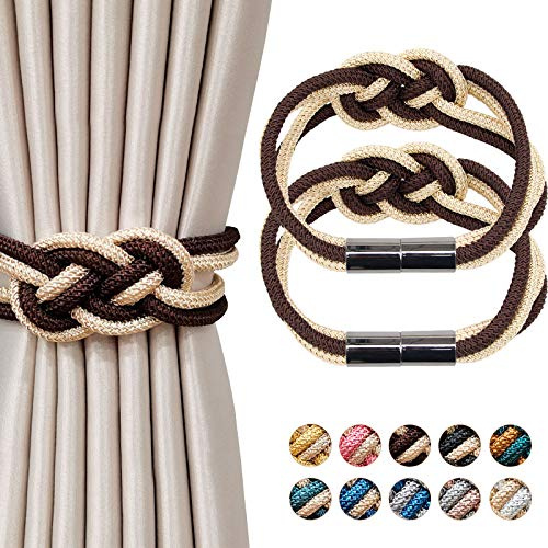 Pretty Jolly 2 Stück Starke Magnetische Raffhalter für Vorhänge, Dekorative Vorhang-Raffhalter, Handgewebtes Seil, Knoten-Vorhanghalter für Zuhause und Büro, Fenstervorhänge (Kaffee & Beige)