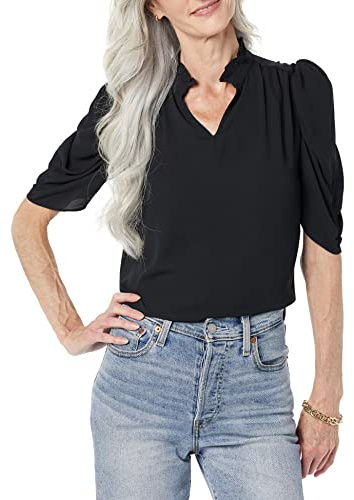 Amazon Essentials Blusa Ligera en Tejido Georgette de Media Manga con Volante Mujer