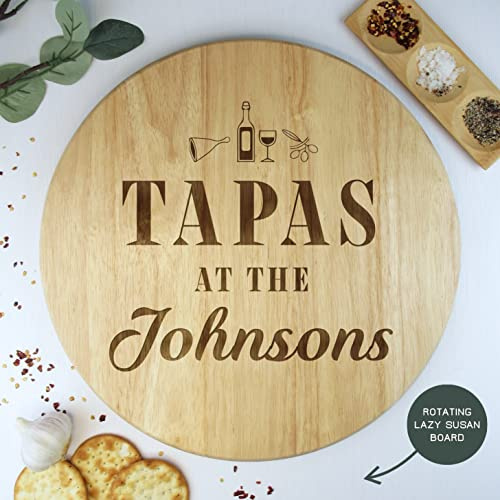 eBuyGB Personalised Wooden Tapas Board, Custom Engraved Rotating Lazy Susan, Large 35cm Kitchen Turntable, Rotary Meze Serving Board - Birthday Present, New Home