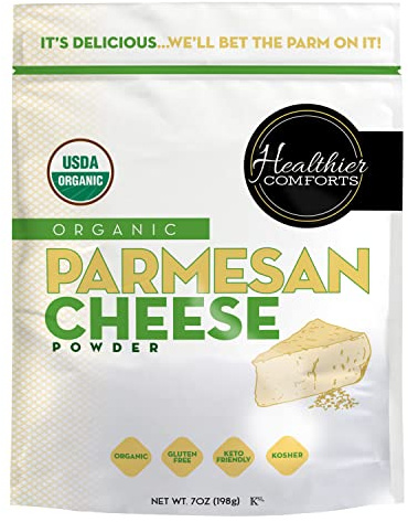 Healthier Comforts Organic Parmesan Cheese Powder, Kosher, Non-GMO, Chemical Free, Gluten Free, Keto Friendly, From Cows Raised Free of Antibiotics or Hormones (rBGH or rBST) (7 Ounce (Pack of 1), Organic Parmesan)