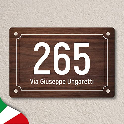 Numero civico personalizzato inciso a laser su laminato plastico, per esterno, 3 misure, vari colori e cornici. (LEGNO)