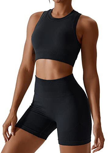 Gym Set Damen Zweiteiler Frauen Sport BH Oberteile Crop Tops+High Waist Shorts Workout Outfit Yoga Kleidung Sportanzug Sportkleidung Fitness Bekleidung Sportsachen Trainingsanzug Schwarz Shorts M