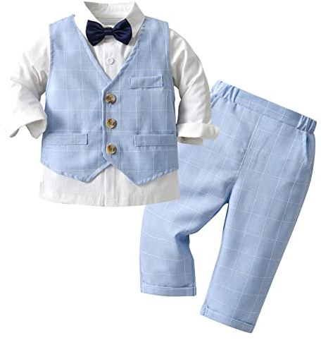 AIEOE 3 Pezzi Completo Neonato Camicia + Papillon + Gilet + Pantaloni Maniche Lunghe con Bottone Adatto da 6 Mesi - 4 Anni