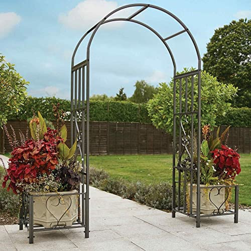 Gr8 Garden Patio Large Black Metal Rose Arch With Planters Wedding Archway Ornament Arbour Pergola For Climbing Plants Trellis Support