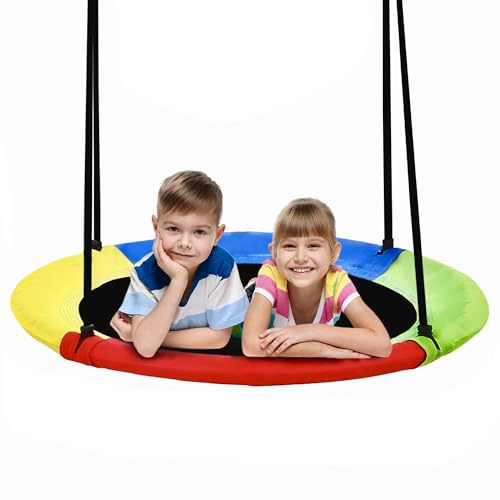 40 Inch Saucer Tree Swing for Kids Outdoor, Textilene Fabric Tear & UV Resistant Waterproof, Round Disc Circle Swing Set for Backyard Garden Playground, Rainbow