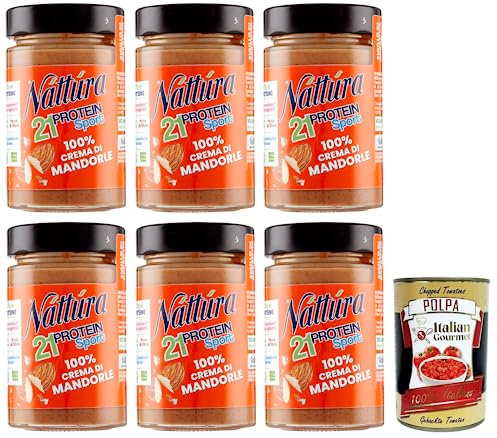 Náttúra Protein Sport Lot de 6 crèmes d'amandes 100% sans sucre ajouté, sans gluten, 100% naturel, riche en protéines, 180 g + boîte italienne Gourmet Polpa di Pomodoro 400 g