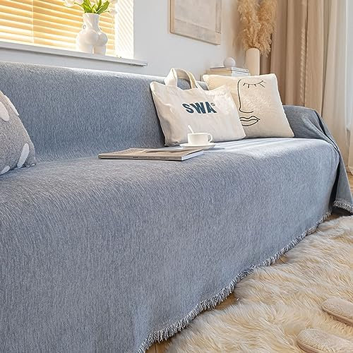 Gualiy Sofa Bezug 180x340cm, Einfarbig mit Quasten Sofa Überzug 4 Sitzer Sofabezug Waschbar Grau Blau Sofa Überzug für Ledersofa