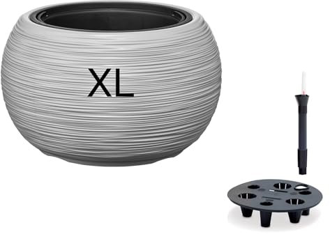 MELTOM Blumentopf Schale mit Bewässerungssystem mit Herausnehmbaren Einsatz Rund Gerillt, Größe XL - DxH:44x27 cm (Grau)