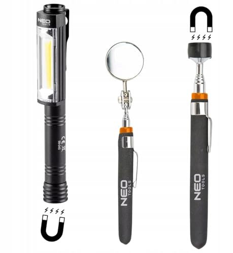 NEO TOOLS 3 TLG. Set - Teleskop Magnetheber + Inspektionsspiegel Runde + Inspektionsleuchte LED COB 400 lm 3 Funktionen 100%, 50%, Rotlicht | Pick Up Tool Magnet Teleskop Werkzeug