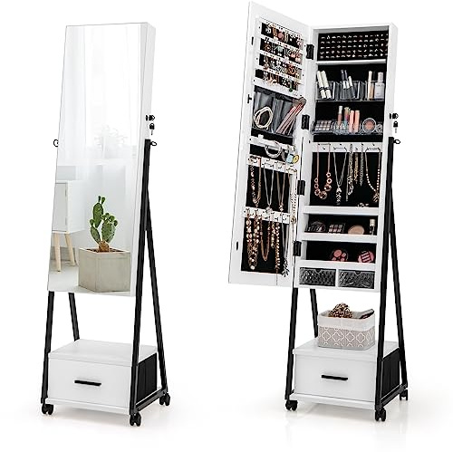 HOMASIS 2 in 1 Schmuckschrank mit Spiegel, drehbarer Schmuckregal mit Schublade aus Holz, abschließbarer Spiegelschrank mit Rollen, Garderobenspiegel mit Schmuckaufbewahrung (Weiß)