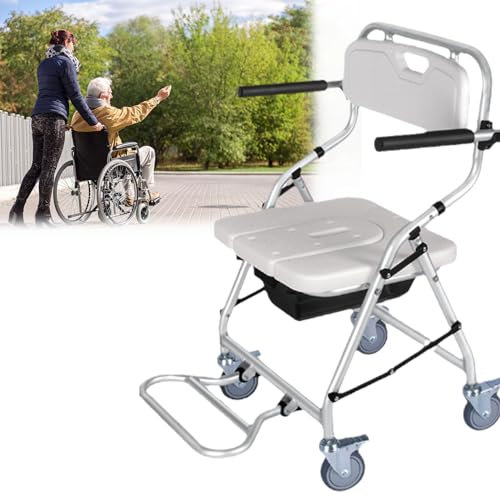 Mobiler Duschstuhl mit feststellbaren Rollen, Toilettenstuhl auf Rollen, Nachttoiletten für ältere Menschen, Duschhocker mit hochklappbaren Armen und ergonomischer Rückenlehne, Tragfähigkeit 150