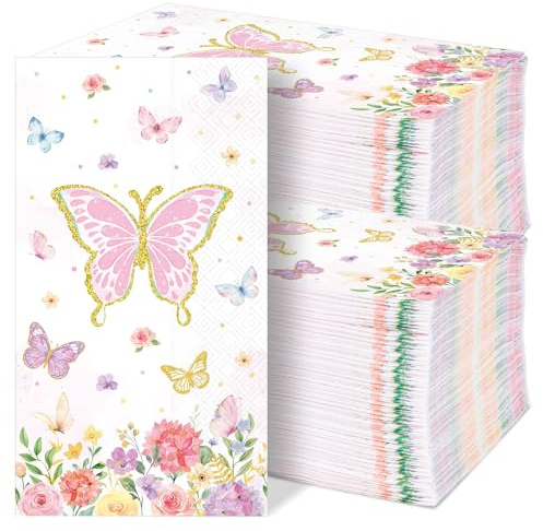 gisgfim 100Pcs Butterfly Paper Napkins Pink Butterfly Guest Towel Colorful Garden Summer Spring Disposable Hand Napkins for Bathroom Pink Flower Dinner Party Baby Shower Decorative Towel