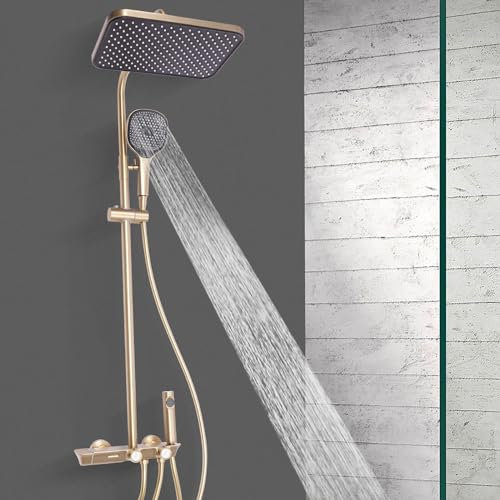 Begoniape Duschsystem mit Thermostat, Edelstahl Regendusche Gold, Duscharmatur Komplettset mit 25 * 12cm Handbrause, Einstellbare Duschkopf, Duschset mit Duschstange Höhenverstellbar