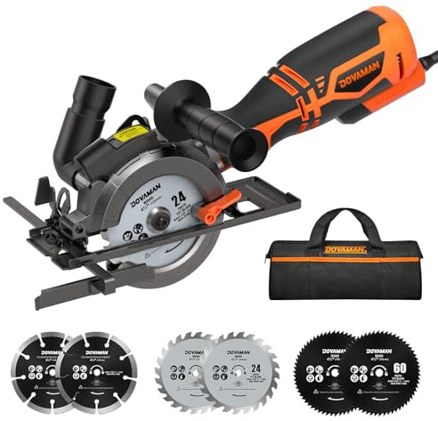 DOVAMAN Circular Saw, 5.8A 4-1/2 Circular Saw w/Laser, Metal Auxiliary Handle, 6 Blades (4½, 4¾), Cutting Depth 1-11/16 (90°), 1-3/8 (45°), Ideal for Wood, Soft Metal, Plastic, Tile - MCS01A
