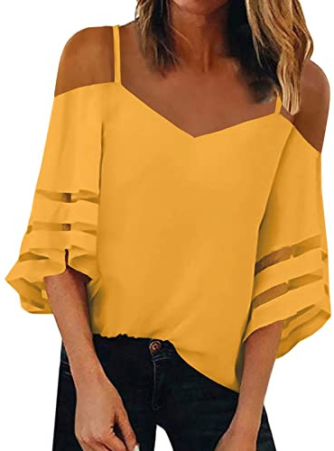 Ofertas Flash Top De para Mujer con Tirantes Finos, Camisa Informal A La con Hombros Descubiertos, Blusa De Manga Acampanada con Inserción De Malla Camiseta Feminista Mujer Mo Top Ganchillo Ofertas