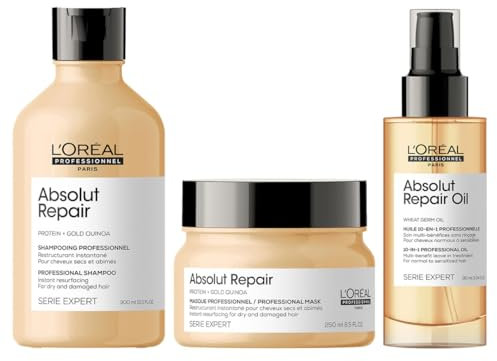 L'Oréal Professionnel, Coffret Cadeau Absolut Repair, Routine Réparatrice, Cheveux Secs & Abîmés, Trio Shampoing + Masque + Huile 10-En-1, Édition Limitée Serie Expert