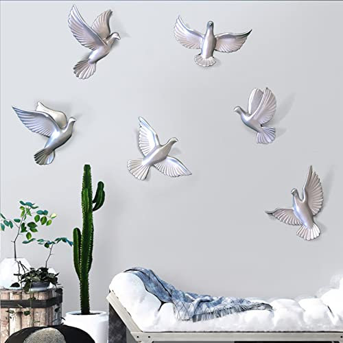 Wanddekoration, 6er-Pack, Möwen-3D-Fliegende Vogelskulpturen, Wandkunst, Kunstharz, Vögel, Tauben für Schlafzimmer, Heimdekoration, Silber