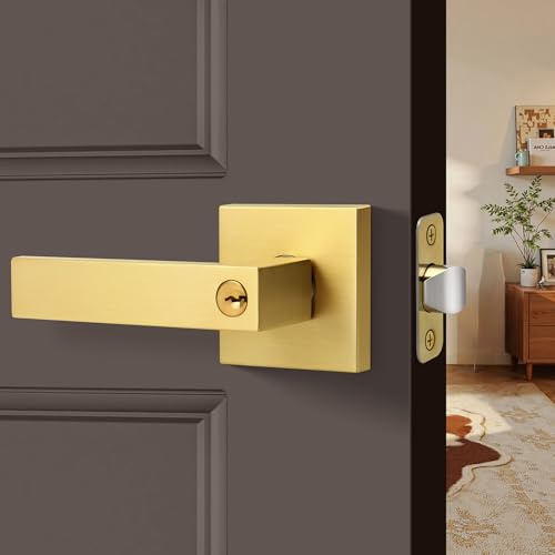 LOQRON Heavy Duty Keyed Entry Door Lever, Square Design Interior/Exterior Door Lever with Keys and Lock, Reversible Handle for Entrance and Front Door Lock, Satin Brass