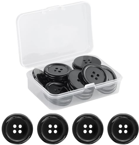 Knöpfe Harz Buttons 25mm Schwarz Knopf 4 Löcher Knöpfen zum Basteln 22 Stück Rund Hemdknöpfe mit aufbewahrungsbox für Kleider Nähen DIY Handwerk und Deko