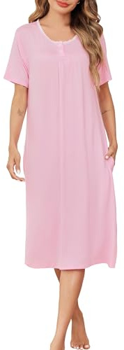 Sopesil Camisón de Mujer con Manga Corta Camisiones Verano Cuello en V Suave con Botones Clásico Ropa de Dormir Sleepwear Suelto con Bolsillos, Rosa, XL