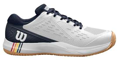 Wilson Rush Pro Ace Clay Herren-Tennisschuhe, Sichere Passform, Dynamische Unterstützung, Atmungsaktives Mesh, Ideal für Sandplätze, Weiß/Navy Blazer/Gum1a, Größe 11