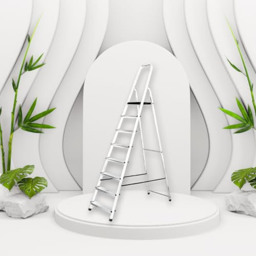 MYPRO Aluminium Step Ladder - 8 Step Folding Ladder - Non-Slip Surface Hand Rails - Heavy Duty - Anti-slip steps -Strong - Lightweight -Portable - Closed Height 2400 mm Platform Height 1620 mm