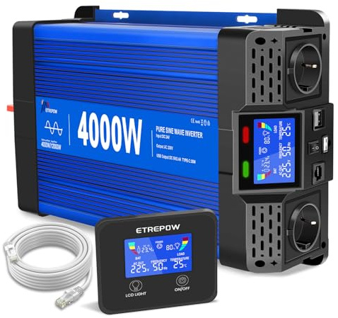 ETREPOW 4000W 24V Auf 230V Reiner Sinus Wechselrichter mit Fernbedienung | 2 EU Steckdosen, 2 USB+Tycp-C Anschlüssen, geeignet für Haushaltsgeräte, Wohnmobile, Camping Spannungswandler