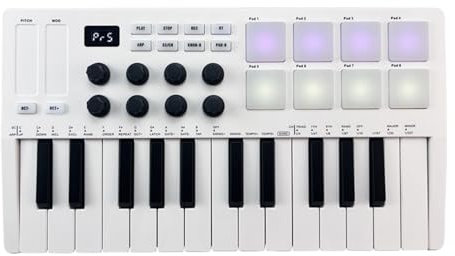 XUMIUZIY 25 Key MIDI Keyboard, Bluetooth MIDI Keyboard Controller with 8 RGB Backlit Drum Pads & 8 Knobs & 2 Touch Strips, Portable Beat Maker and Keytar for Music Production