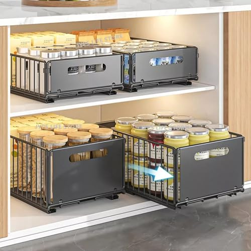 Heavy Duty Pull Out Cabinet Organiser, Pack of 2 Extendable Slide Out Drawers, No Drill Adjustable Baskets With Adhesive Film, Large & Small Storage Shelf with Handle for Kitchen Cupboards