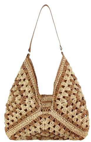 HSTWODE Stroh Strandtasche klein Damen - Korbtasche Geflochten mit leder,Boho Basttasche Netz Shopper für Reisen&Urlau