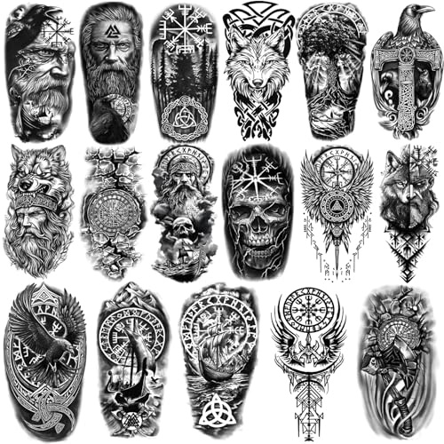 77 Sheets Temporary Tattoos for Adults and Kids - 2 Sizes Fake Tattoo Realistic Viking Norse Eagle Black Tattoo Sleeve Stickers for Men and Women Boys and Girls