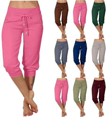 Capribyxor dam, 3/4 joggingbyxor, sommar, korta sommarbyxor, dam, lätta stora storlekar, stretch, sportbyxor med dragsko, knälånga strandbyxor, fritidsbyxor med ficka, Barmuda shorts, yogabyxor