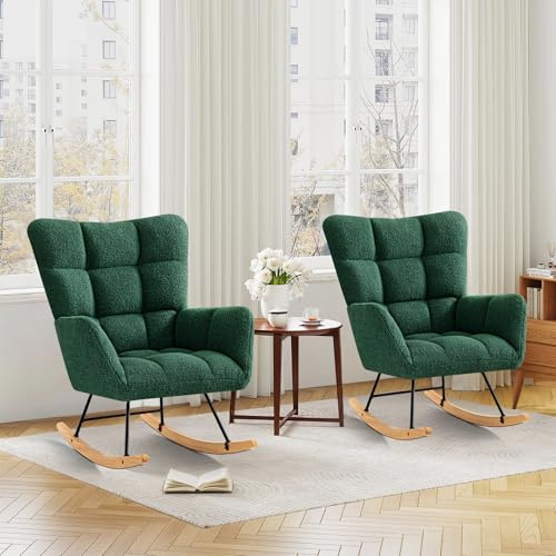 Ckaff Schaukelstuhl 2er Set, Schaukelsessel Relaxstuhl Gepolsterter Sessel Wohnzimmersessel, Stillsessel Babyzimmer Lesesessel mit Holzkufen, Armlehne für Wohnzimmer Schlafzimmer Balkon, Grün