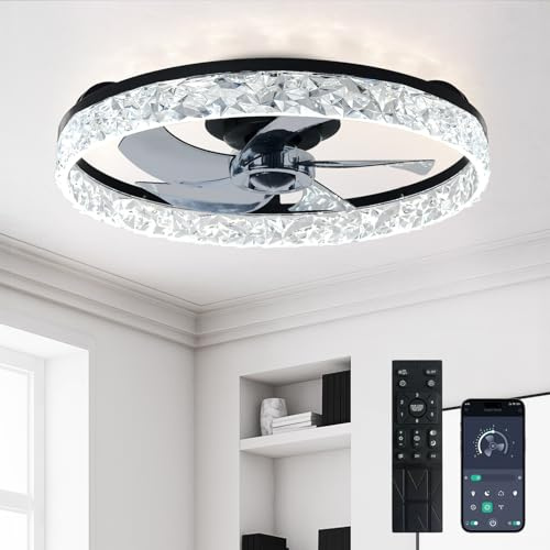 Depuley Ventiladores de techo de 20 pulgadas con luz: Ventilador de techo empotrado LED con control mediante aplicación - Luz regulable para ventilador de dormitorio - Negro