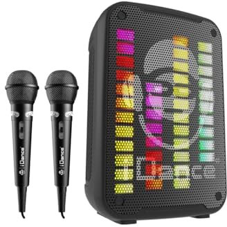 Karaoke con 2 micrófonos inalámbricos - Altavoz Bluetooth portátil - Tamaño 35 cm - Batería Recargable de Larga duración - con Luces LED de Discoteca - para Fiestas - Conexión a Internet sin Cable