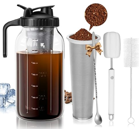 Cafultgo Cafetera fría de 64 onzas con filtro de acero inoxidable, cafetera helada resistente de 1 cuarto de galón, tapa de mango de boquilla, cepillo de limpieza y cuchara, para café helado, bebidas