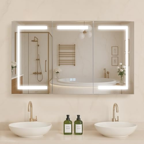 VEVOR Armadietto per Medicinali Illuminato con Specchio 100 x 60 cm da Incasso o da Parete con LED Dimmerabile a 3 Colori Funzione di Memoria, Mobiletto Porta Medicine da Bagno