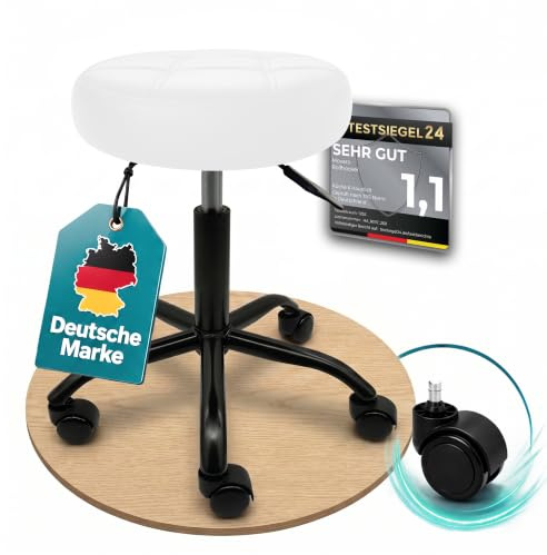 Movaro Rollhocker mit Metall-Basis und leisen Softrollen [Neues Modell] - höhenverstellbar, 360° drehbar, kratzfrei und stabil – ergonomischer Hocker mit Rollen | Arbeitshocker | Bürohocker [Weiß]