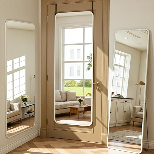 Antok 122x36cm Rechteckiger Türspiegel mit abgerundeten Ecken, Ganzkörperspiegel über der Tür, Hängespiegel,Wandspiegel, Standspiegel für Wohnzimmer, Ankleide, Weiß