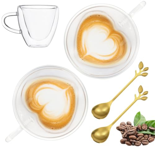 Gohytal Bicchieri da caffè a doppia parete a forma di cuore, 180 ml, per cappuccino, latte, macchiato, tazze con manico, in vetro borosilicato, resistenti al calore, per caffè, tè, latte, succhi di