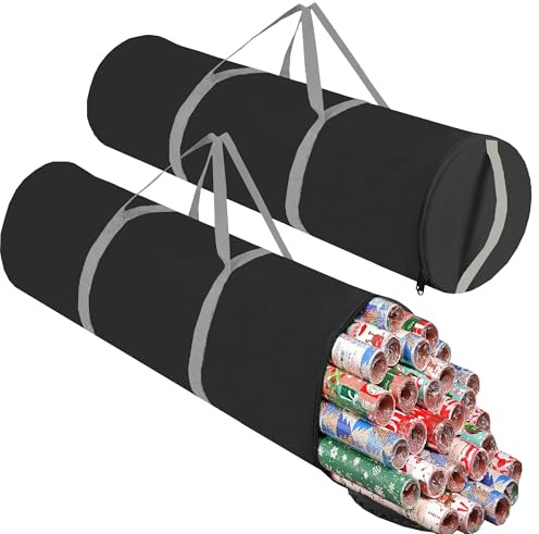 Geschenkpapier Organizer 2 Stück, 600D Aufbewahrung für Geschenkpapier im Weihnachtsmotiv | Ideal für 25 Rollen | Stabiler Reißverschluss | 105 x Ø28cm | Schwarz