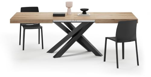 MOBILI FIVER, Ausziehbarer Esstisch Emma 160(240) x90 cm, Wildeiche mit Schwarzen gekreuzten Beinen, Made In Italy