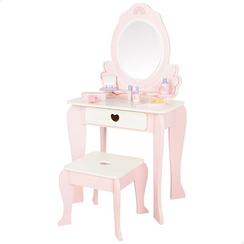 WOOMAX Tocador de Maquillaje para niñas, Taburete Madera, Espejo con luz, 48x32x92 cm, Colores Pastel, Incluye Accesorios, Tocadores Infantiles, Accesorios interactivos, Juguetes niños 3 años (39116)
