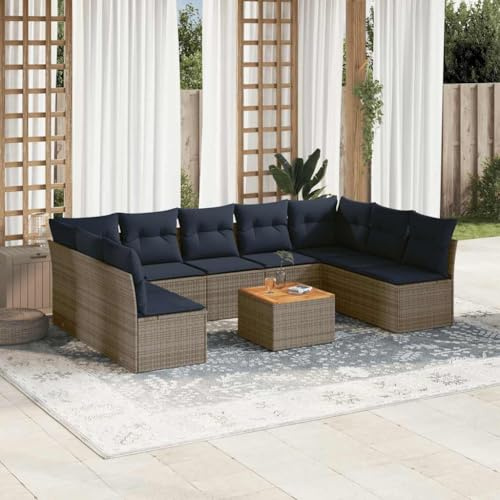 Bucmath 10-TLG. Garten-Sofagarnitur, Grau Poly Rattan Loungeset, UV-beständig, mit Stauraum, Akazienholz-Tischplatte, für Terrasse & Balkon