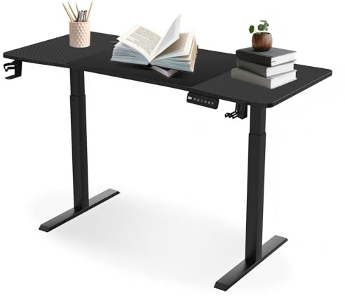 XMTECH Höjdjusterbart skrivbord elektriskt 120 × 60 cm, datorbord, 3 minnesfunktioner, kolfiberyta, typ C, kabelhantering, hörlurskrok och mugghållare, svart