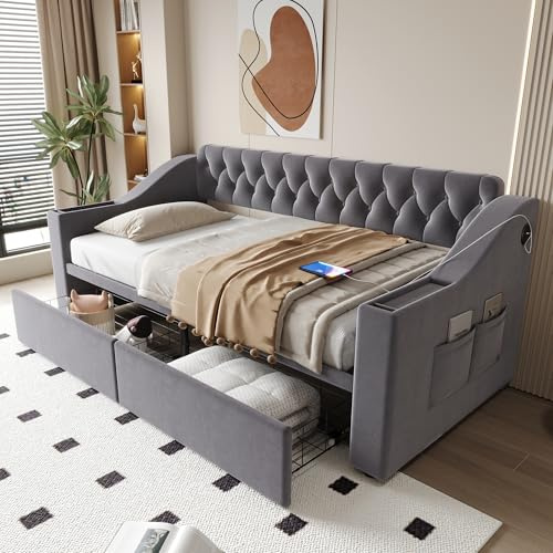 HaoChrymec Sofá Cama Tapizado De Terciopelo con Cargador USB y Espacio De Almacenaje, con Bolsillos Laterales y Cajones Inferiores, Cama Individual para Dormitorio y Salón, Gris Oscuro, 90 x 190 cm