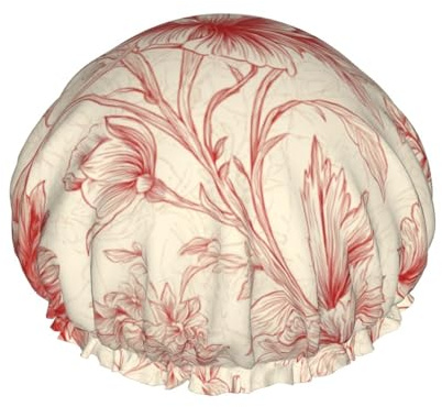 Bonnet de douche vintage à imprimé floral rouge, feuilles et vigne, double épaisseur, imperméable.