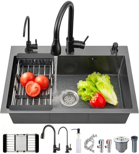 Fregadero cocina 1 seno multifuncional de acero inoxidable con grifo extraíble, dispensador de jabón, grifo purificador de agua y accesorios (Negro y gris, 50 X 45 cm)