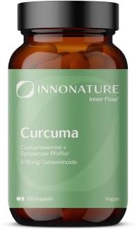 InnoNature Curcuma Kapseln mit Piperin, 120 Kapseln | aus der Curcumawurzel und schwarzen Pfeffer, vegan | 577,5 mg Curcuminoide pro Tagesdosis