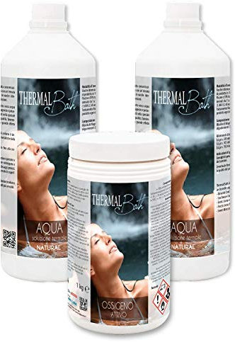 Thermal Bath Set Ossigeno Attivo 1,2 KG + Aqua Natural 2 LT (1+1 pz), Ossigeno Attivo in Pastiglie da 20 gr e Acqua Termale Inodore, Ideale per Piscina e Idromassaggio